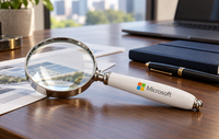 Lupa de mano personalizada con el logotipo de Microsoft sobre una mesa de despacho Lupa de mano personalizada con el logotipo de Microsoft sobre una mesa de despacho